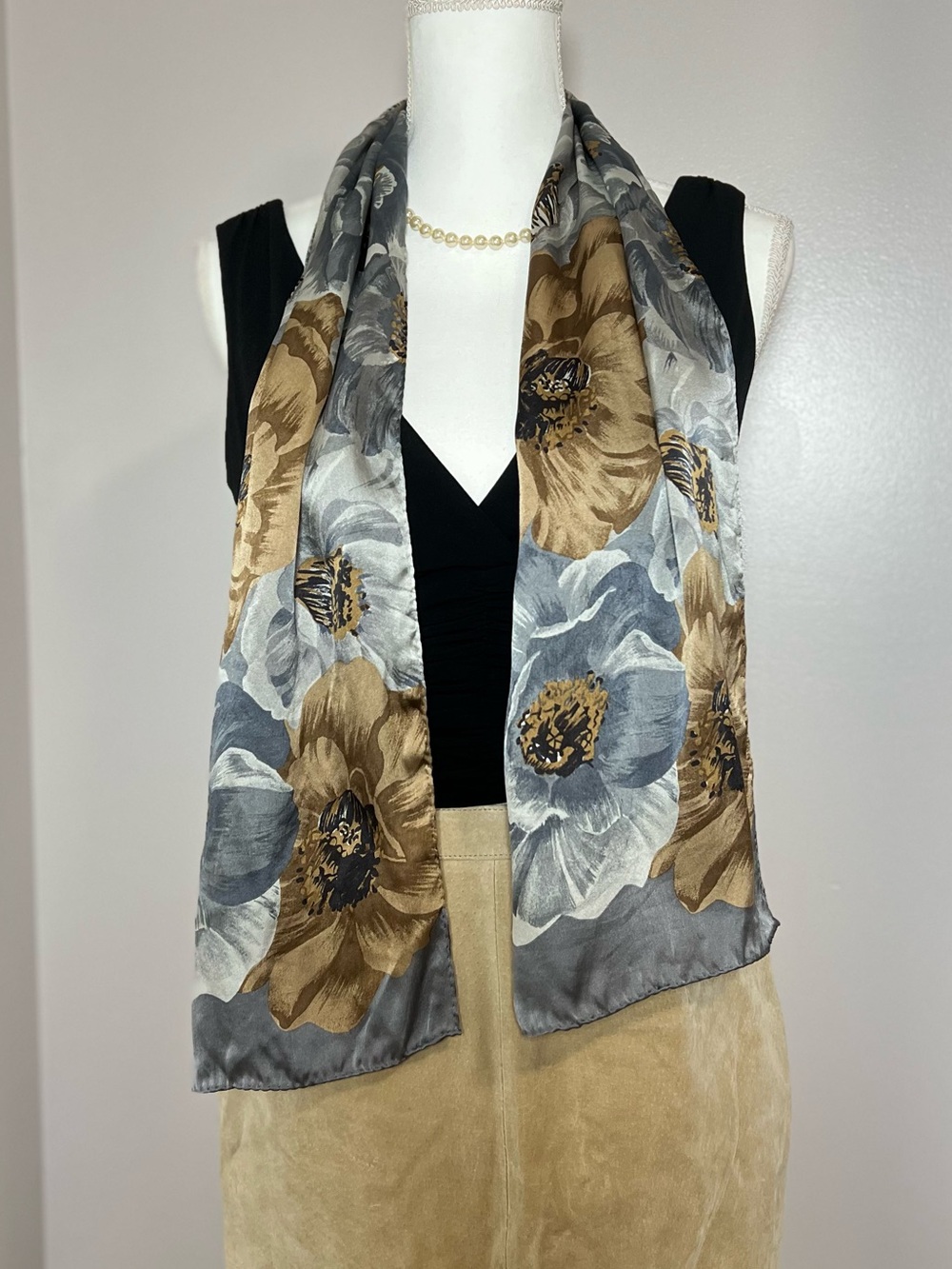 Vintage 1980-90s 100% Silk Floral Scarf Dusty Blue & Brown Botanical Long 💙